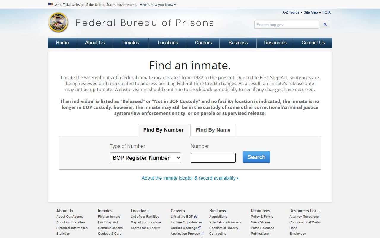 BOP inmate locator search tabs for FCI Big Spring federal inmates