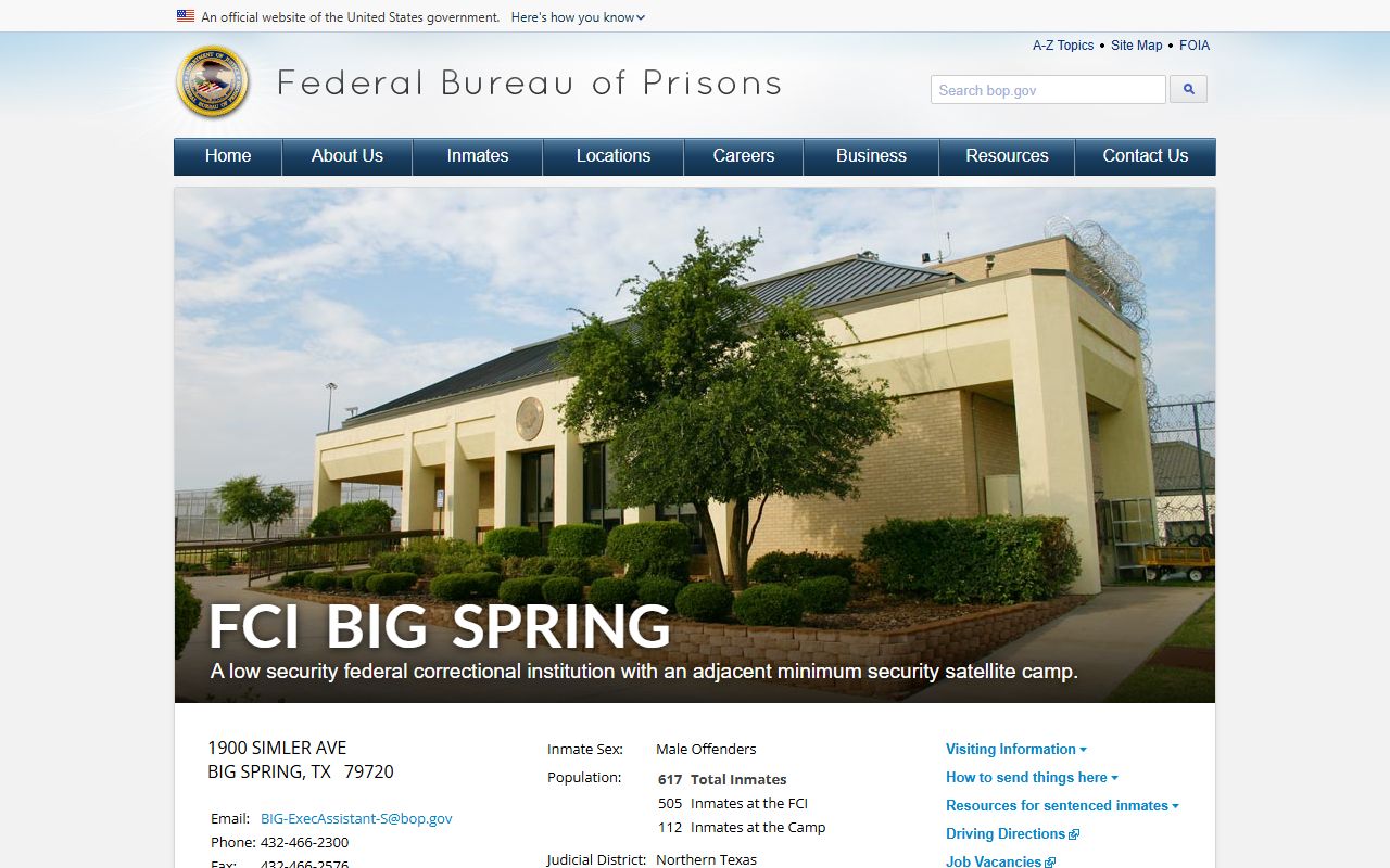 FCI Big Spring BOP facility page for federal inmate lookup in Howard County